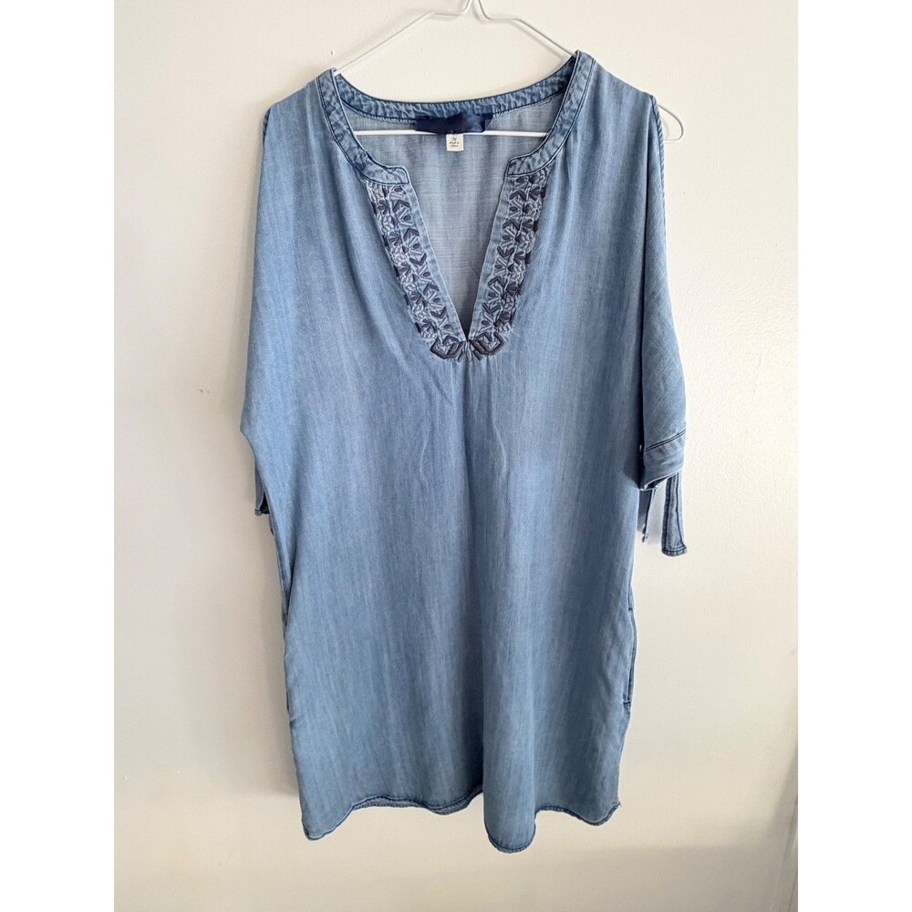 Blue Rain Chambray Tunic Dress Medium Blue Tencel Embroidered V-Neck Pockets Boh - Picture 2 of 11